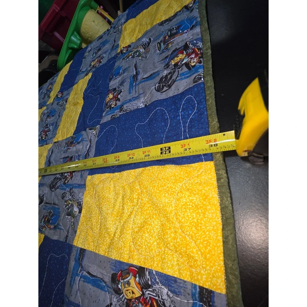 Handmade Disney Mickey Mouse Racing Patchwork Quilt Toddler Blanket 38x38 Blue